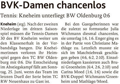 Damen 30: Kneheim - Oldenburg 0:6 (MT 07.06.2023)
